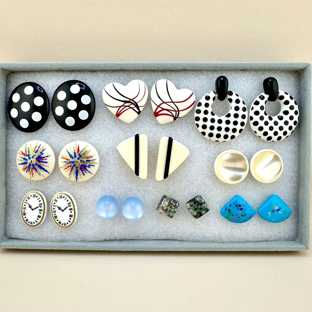 Vintage Earrings Lot Pierced Acrylic Lucite Polka Dot Blue Moonglow Thermoset +